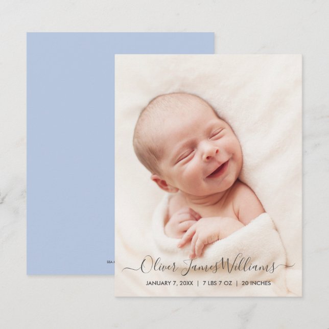 Photo Birth Announcement Card Soft Blue Back (Front/Back)