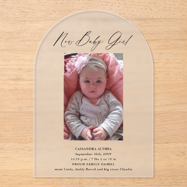 Photo Birth Announcement Frosted Acrylic Arch Card (Front)
