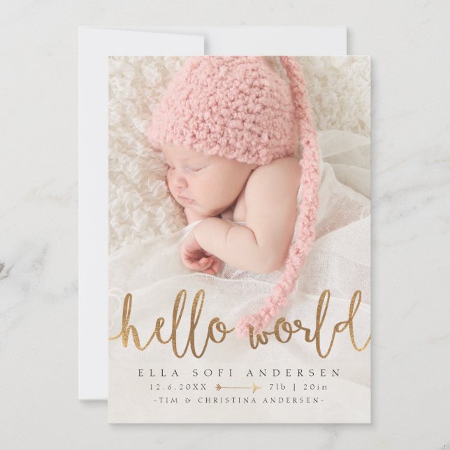 PHOTO BIRTH ANNOUNCEMENT | Girl Hello World Gold (Front)