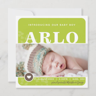 PHOTO BIRTH ANNOUNCEMENT heart spot lime botanic