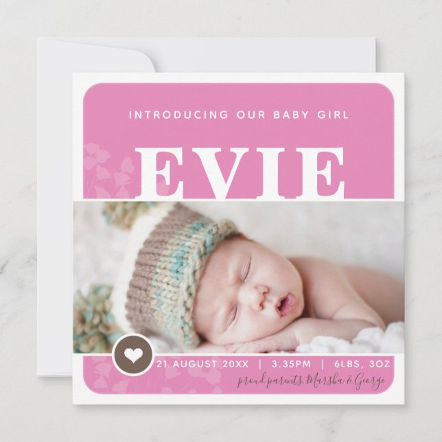 PHOTO BIRTH ANNOUNCEMENT heart spot pink botanic (Front)