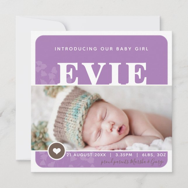 PHOTO BIRTH ANNOUNCEMENT heart spot purple botanic (Front)