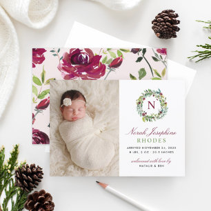 Photo Birth Announcement   Holiday Floral Wreath
