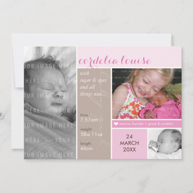 PHOTO BIRTH ANNOUNCEMENT mondrian girl pink (Front)
