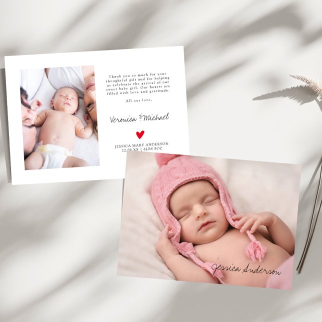 Photo Birth Stats Modern Script New Baby Thank You Card (Creator Uploaded)