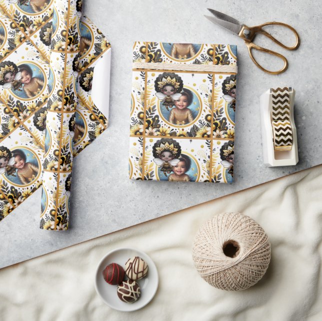 Photo Birthday Black Fairy Princess Yellow Gold Wrapping Paper (Crafts)