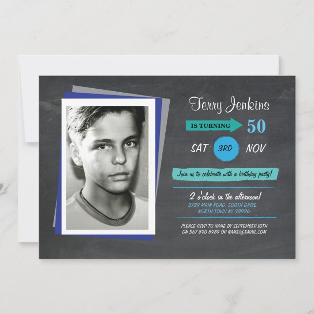 Photo Birthday Blue Chalk Teal Invite (Front)