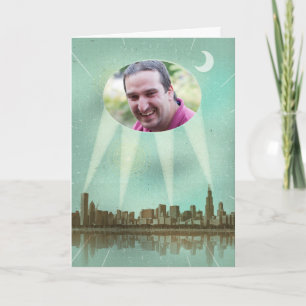Photo Birthday card with a city and spotlights