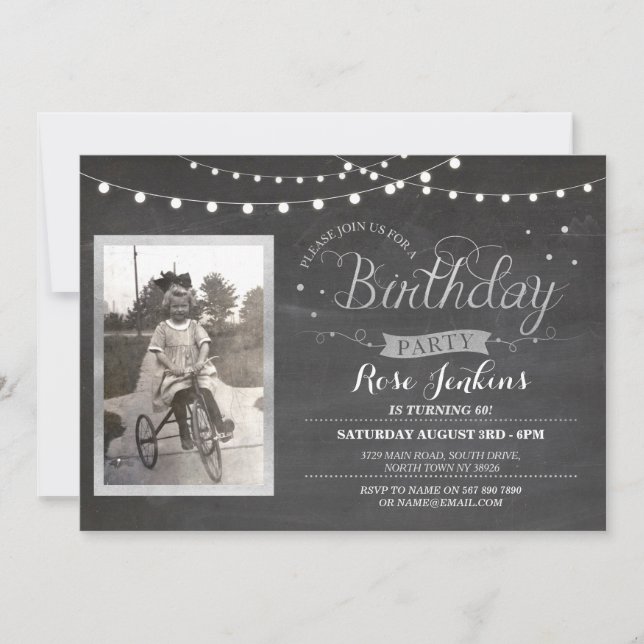 Photo Birthday Chalk Lights Rustic Wood Invites (Front)