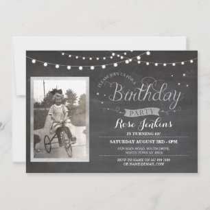 Photo Birthday Chalk Lights Rustic Wood Invites