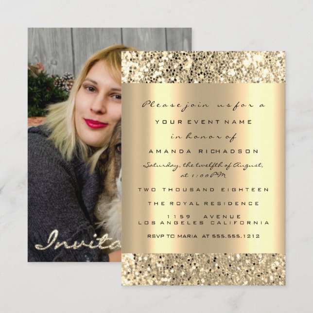 Photo Birthday Champagne Gold Spark Glitter Invitation (Front/Back)