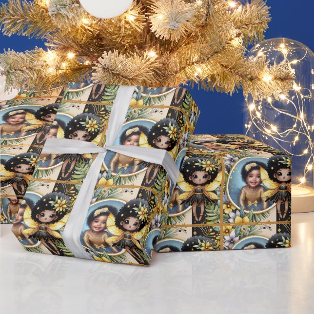 Photo Birthday Fairy Black Yellow Gold Cute Wrapping Paper (Holidays)