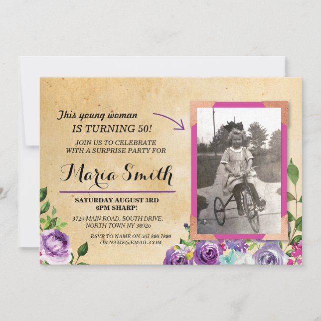 Photo Birthday Floral Rustic Vintage Purple Invite (Front)
