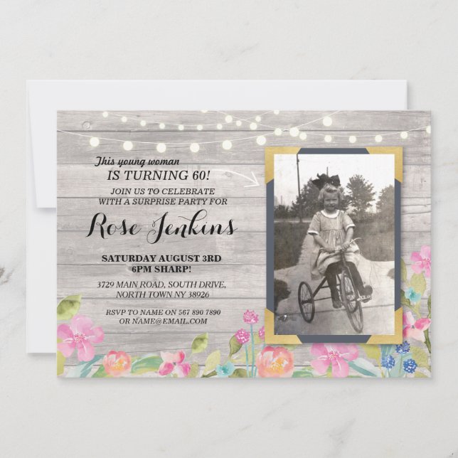 Photo Birthday Floral Rustic Wood Invitations (Front)