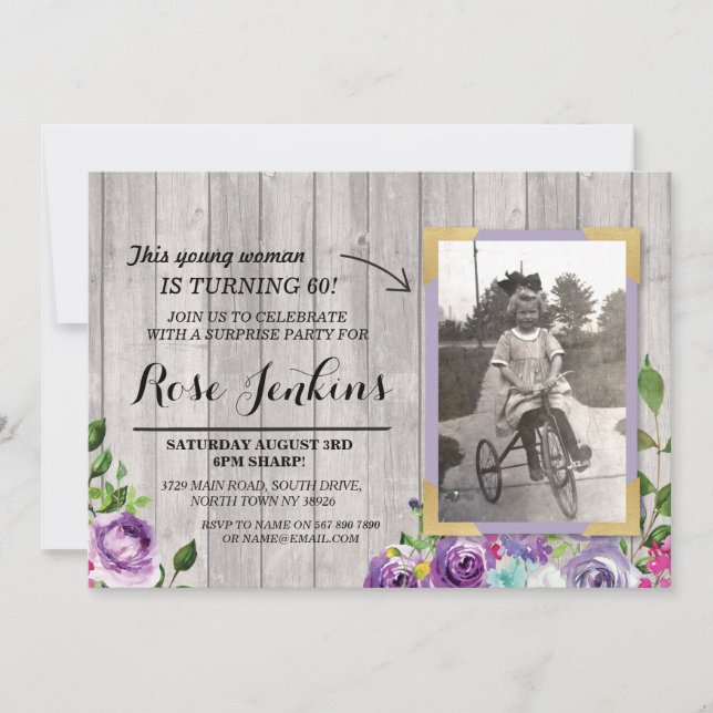 Photo Birthday Floral Rustic Wood Purple Invites (Front)