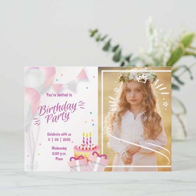 Photo Birthday Invitation with Balloons & Cake (Standing Front)