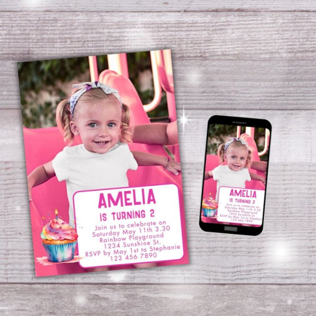 Photo Birthday Invite Girl Pink Cupcake Invitation (Creator Uploaded)