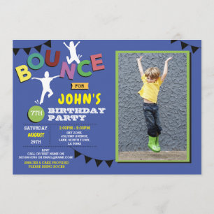 Photo Birthday Jump Bounce Party Trampoline Blue Invitation