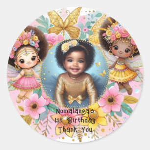 Photo Birthday Little Black Fairy African Pink Classic Round Sticker