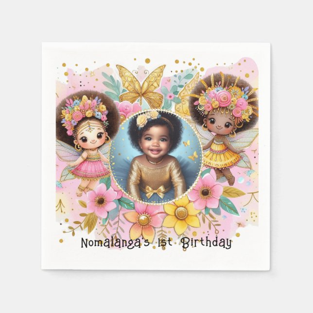 Photo Birthday Little Black Fairy African Pink Napkin (Front)