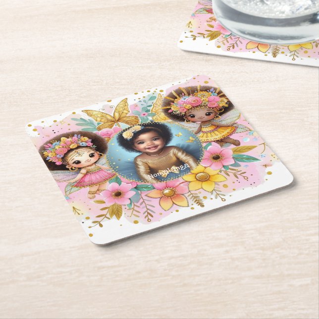 Photo Birthday Little Black Fairy African Pink Square Paper Coaster (Angled)