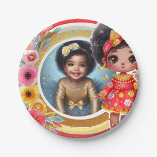 Photo Birthday Little Black Fairy Red Gold Paper Plate