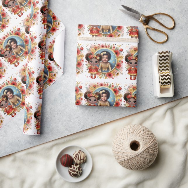 Photo Birthday Little Black Fairy Red Gold Wrapping Paper (Crafts)