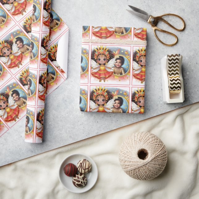 Photo Birthday Little Black Fairy Red Gold Wrapping Paper (Crafts)