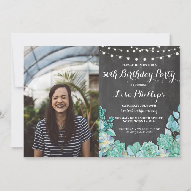 Photo Birthday Party 30th Chalk Succulents 50 40th Invitation (Front)