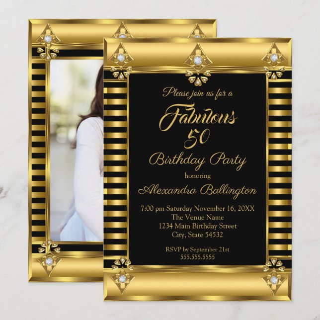 Photo Birthday Party Black Gold Deco Stripe Invitation (Front/Back)