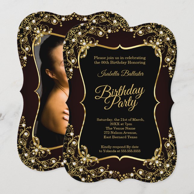 Photo Birthday party black Gold Pearls Invitation (Front/Back)