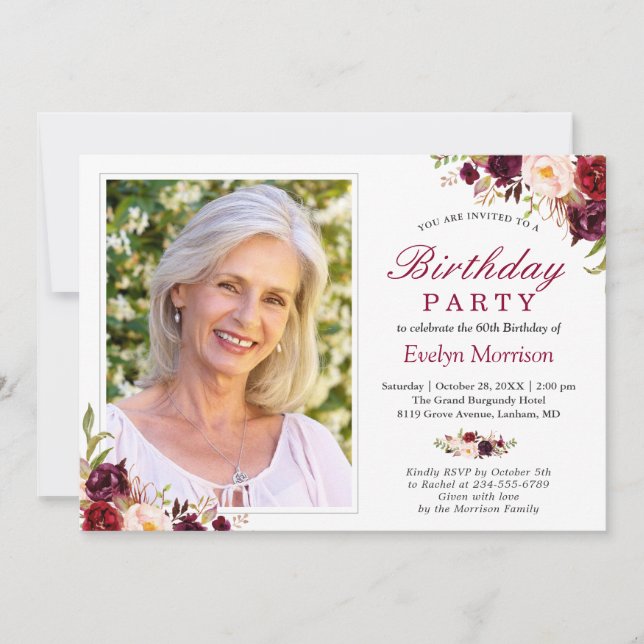 Photo Birthday Party Burgundy Red Blush Floral Invitation (Front)
