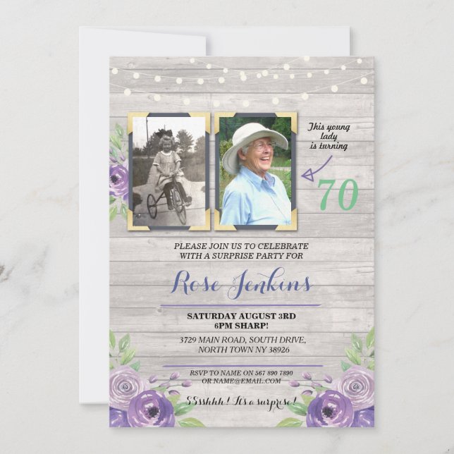 Photo Birthday Party Floral Purple Wood 2 Pictures Invitation (Front)