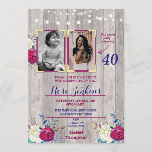 Photo Birthday Party Floral Purple Wood 2 Pictures Invitation