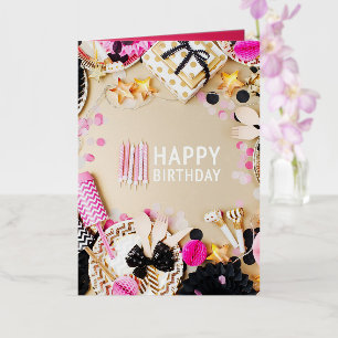 Photo birthday party gold black & pink foil card