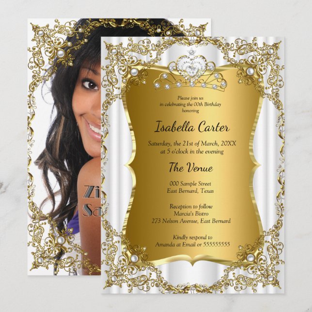 Photo Birthday Party Gold White Tiara Invitation (Front/Back)