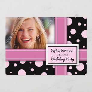 Photo Birthday Party Invitation Pink Black Dots