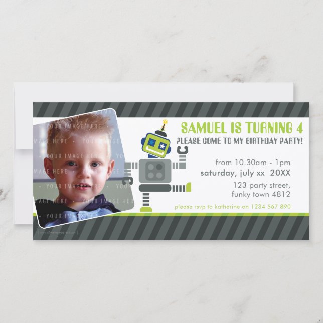 PHOTO BIRTHDAY PARTY INVITE :: robot dancing 1L (Front)