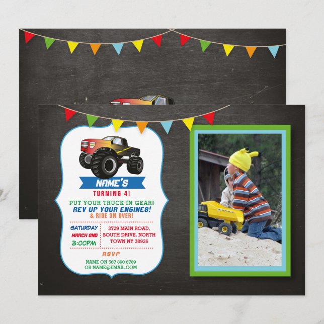 Photo Birthday Party Truck Car Monster Smash Invitation (Front/Back)