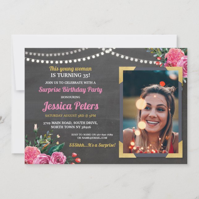 Photo Birthday Pink Floral Chalk Any Age Women Invitation (Front)