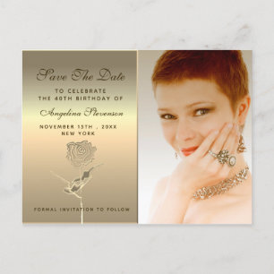 Photo Birthday Rose Flower Gold Announcement Postcard