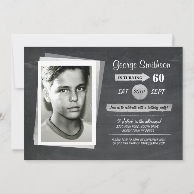 Photo Birthday Silver Black White Invite (Front)