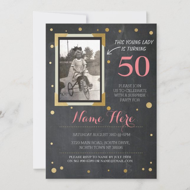 Photo Birthday Vintage Style Chalk Gold Invitation (Front)