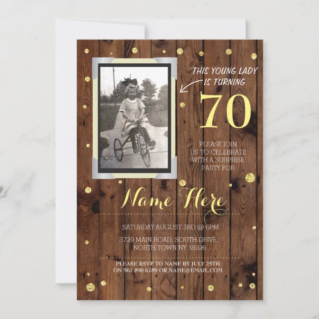 Photo Birthday Vintage Style Wood Gold Invitation (Front)
