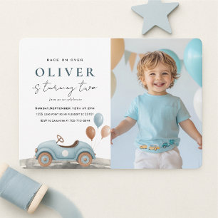 Photo Birthday   Watercolor Blue Car Boys Party Invitation