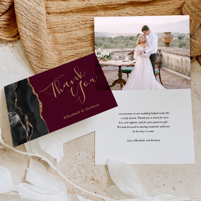 Photo Black Agate Gold Burgundy Wedding Thank You Card (Creator Uploaded)
