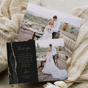 Photo Black Agate Gold Script Wedding Thank You Card