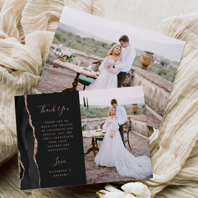 Photo Black Agate Rose Gold Script Wedding Thank You Card (Creator Uploaded)