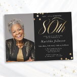 Photo Black and Gold 80th Birthday Surprise Party Invitation<br><div class="desc">Photo Black and Gold 80th Birthday Surprise Party Invitation. This design embraces a black and gold minimalist theme that exudes modern elegance. The invitation features a sleek black background, providing a sophisticated canvas for the opulent gold accents. Modern, stylish typography takes centre stage, with serif fonts, creating a striking and...</div>