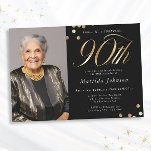 Photo Black and Gold 90th Birthday Surprise Party Invitation
